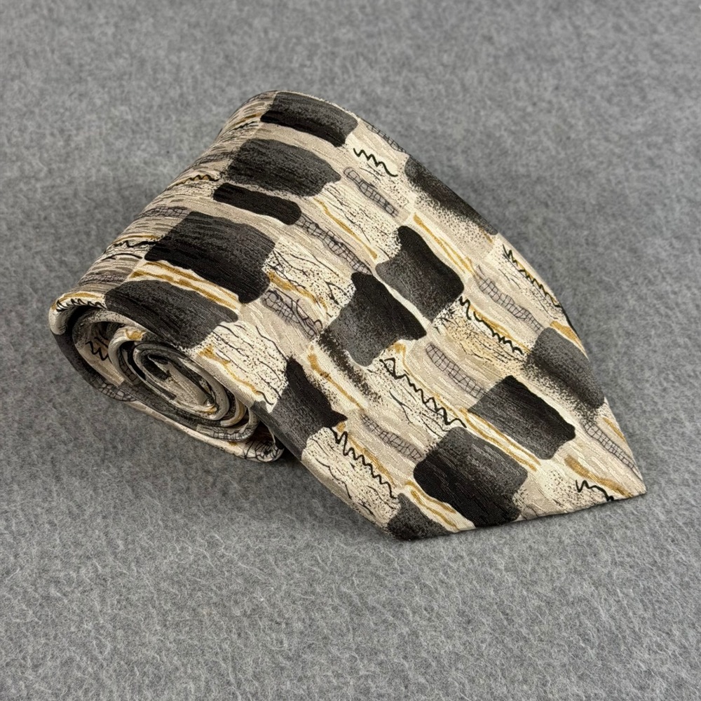 Vintage Cocktail Collection Abstract Silk Tie Gray Black Tan 90s 60x3.9"
